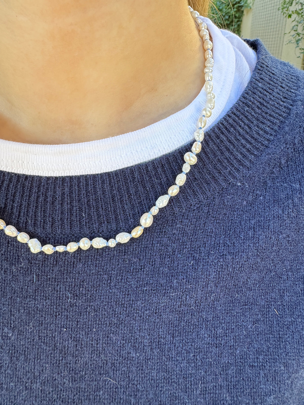 Reclaimed pearl and blue silk necklace