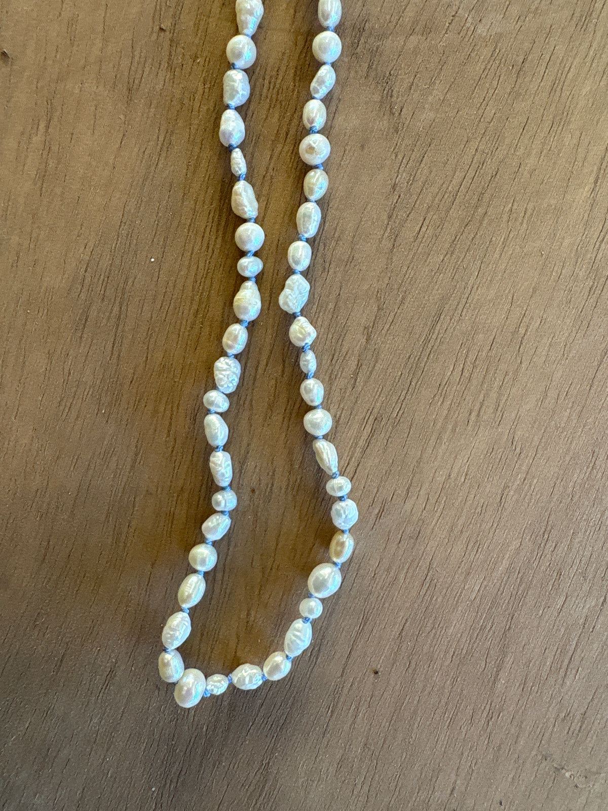 Reclaimed pearl and blue silk necklace
