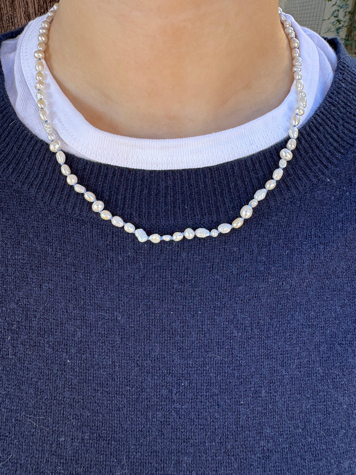 Reclaimed pearl and blue silk necklace