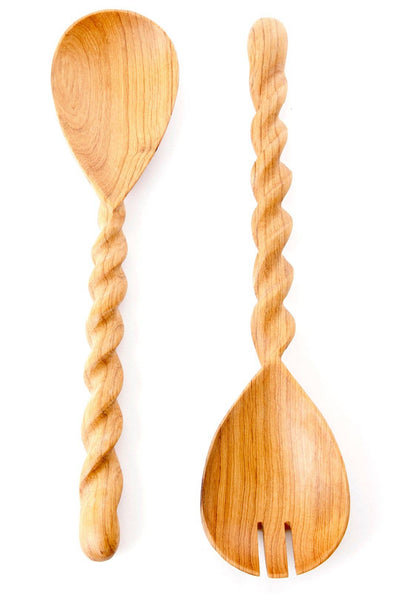 Kenyan Wild Olive Wood Spiral Salad Server Set