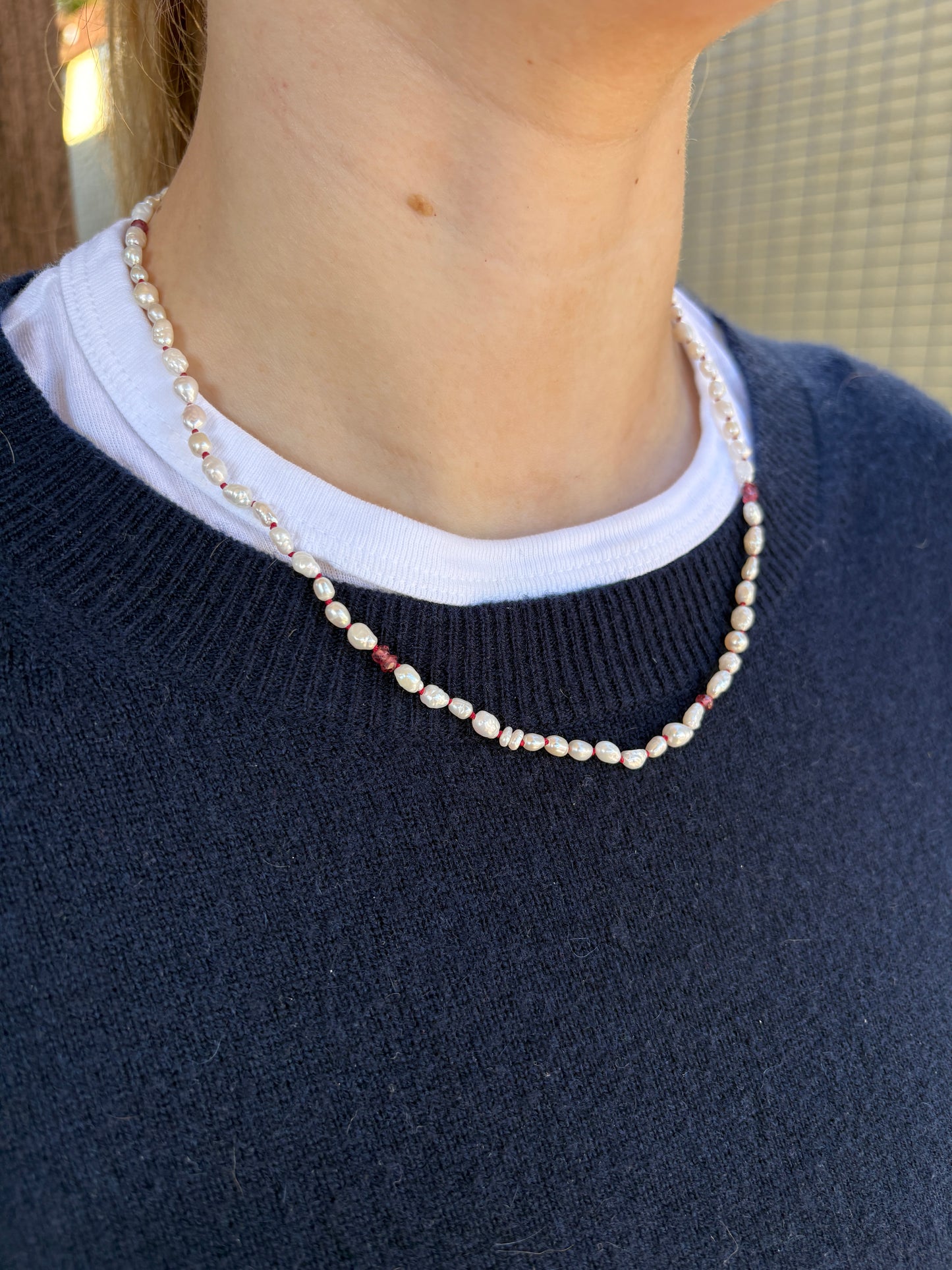 Recycled Pearl and Garnet necklace