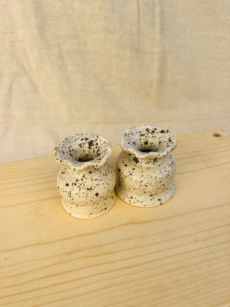 White and Brown Speckle Ruffle Candlesticks (pair)